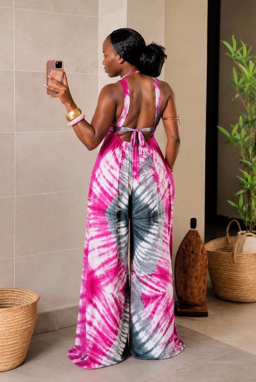 Backless Tie-Dye Dera Jumpsuit with Pockets - Dera by Passion